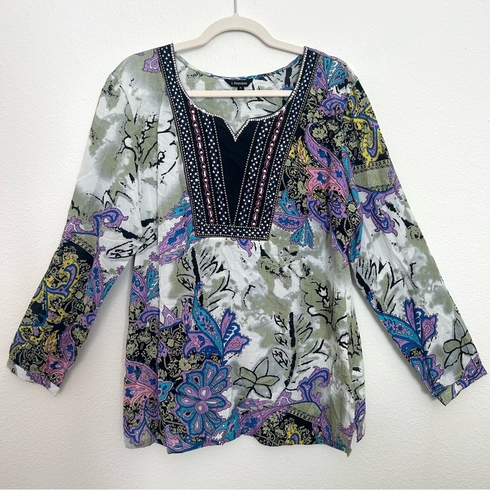 J. Peterman Embroidered Beaded Blouse Top Tunic Boho Festival Resort Size Medium - Picture 2 of 15